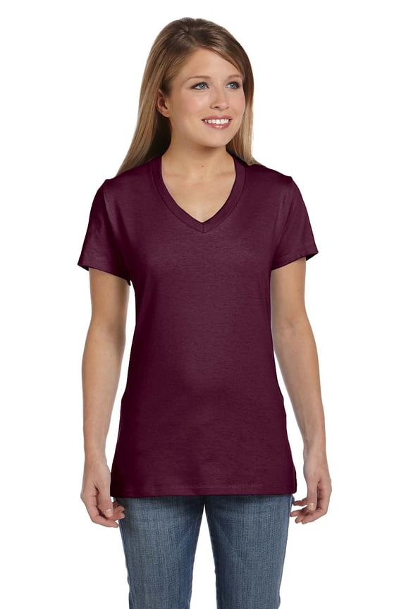 The Hanes Ladies 45 oz, 100% Ringspun Cotton nano-T V-Neck T-Shirt - MAROON - 2XL
