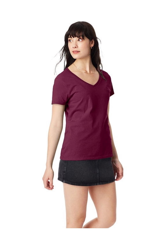 The Hanes Ladies 45 oz, 100% Ringspun Cotton nano-T V-Neck T-Shirt - MAROON - XL