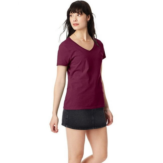 The Hanes Ladies 45 oz, 100% Ringspun Cotton nano-T V-Neck T-Shirt - MAROON - XL