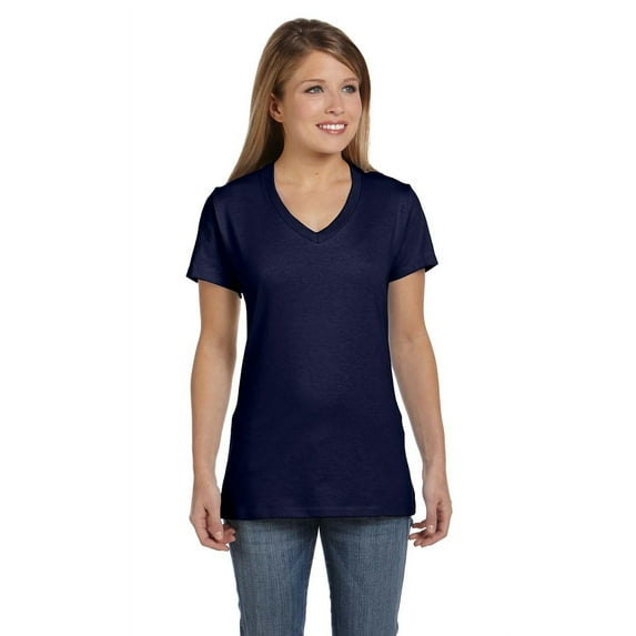 The Hanes Ladies 45 oz, 100% Ringspun Cotton nano-T V-Neck T-Shirt - NAVY - XS
