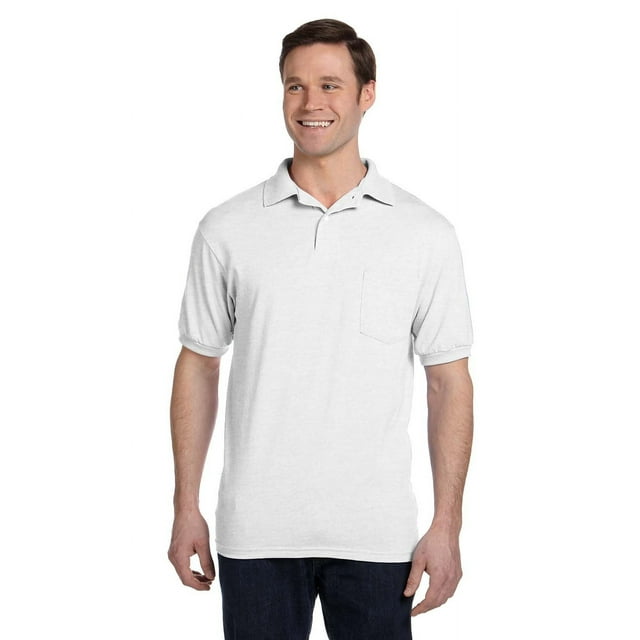 The Hanes Mens 52 oz, 50/50 EcoSmart Jersey Pocket Polo Shirt WHITE