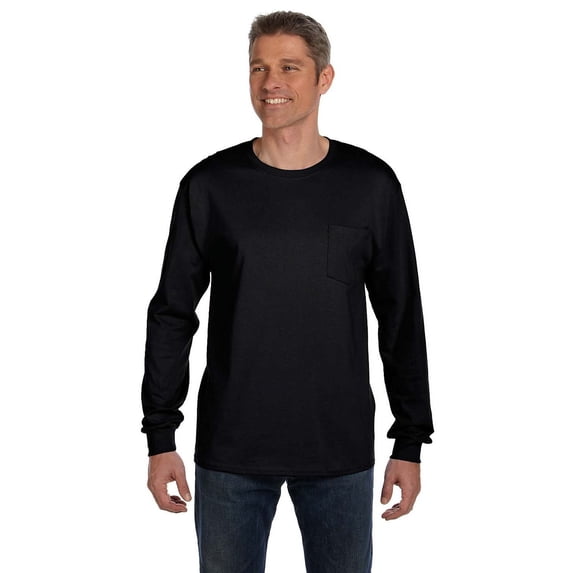 The Hanes Mens 61 oz Tagless Long Sleeve Pocket T-Shirt - BLACK - L