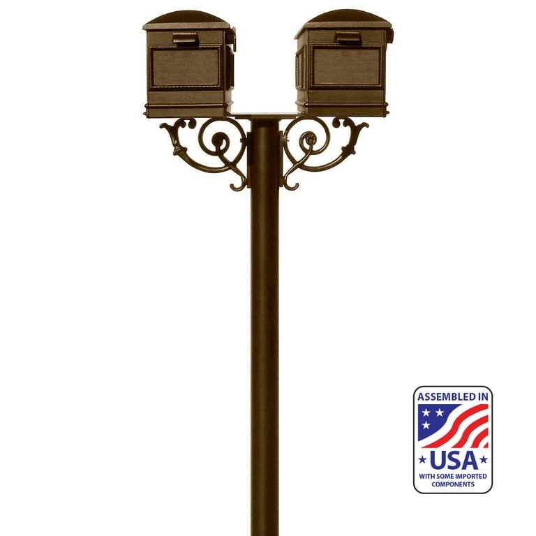 Hanford Bronze Post Mount Non-Locking Twin Mailbox with Scroll Supports Hanford Bronze Post Mount Non-Locking Twin Mailbox with Scroll Supports
