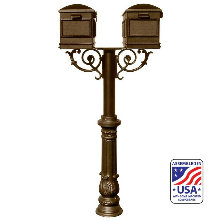 Hanford Bronze Post Mount Non-Locking Twin Mailbox with Scroll Supports Hanford Bronze Post Mount Non-Locking Twin Mailbox with Scroll Supports