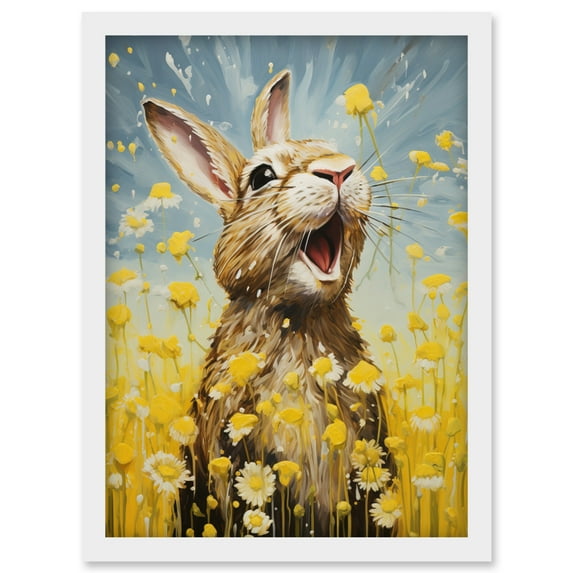 The Happy Bunny Rabbit Playing in a Field of Daisies Vibrant Oil Painting Kids Bedroom Blue Yellow Bright Summer Meadow Artwork Framed Wall Art Print A4