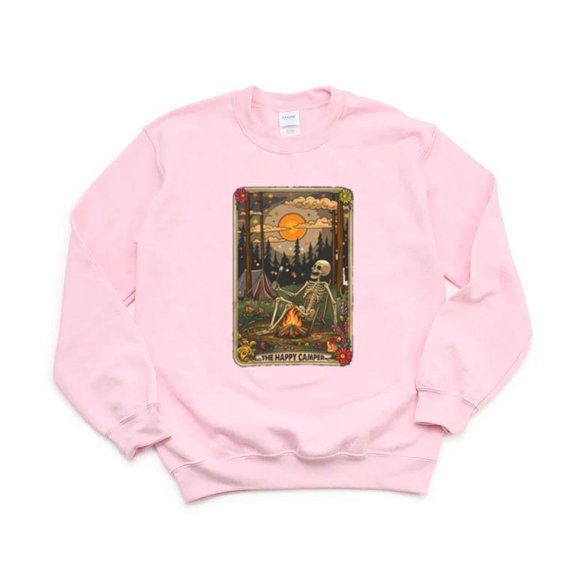 The Happy Camper Skeleton Retro Camping Design Gothic Humor Outdoor Sweatshirt, up to 5XL