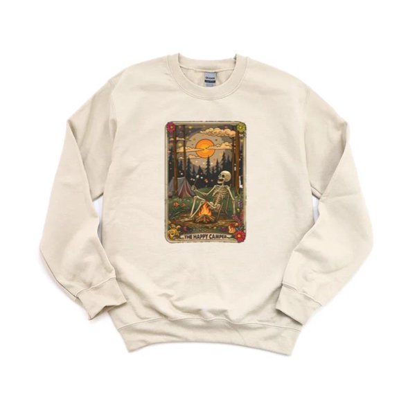The Happy Camper Skeleton Retro Camping Design Gothic Humor Outdoor Sweatshirt, up to 5XL