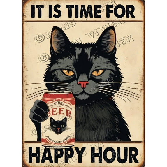 The Happy Hour Lounge Welcome Beer Bar Black Cat Vintage Aluminum Sign 5.5x8 IN Vintage Beer Sign Metal Beer Signs