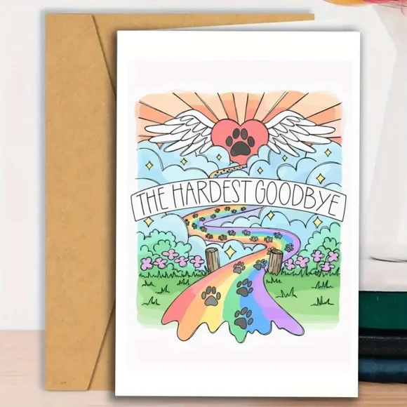 The Hardest Goodbye Pet Loss Sympathy Card Colorful Rainbow Bridge Design Blank Inside for Personal Messages Perfect for Grieving Pet Owners