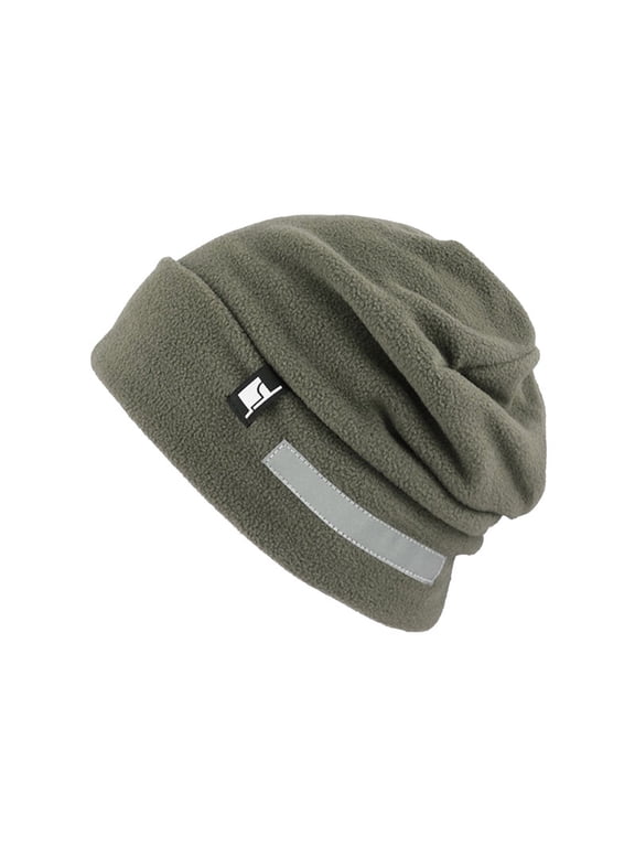Reflective Fleece Beanie Hat, Winter Knit Cap for Men & Women (Olive)