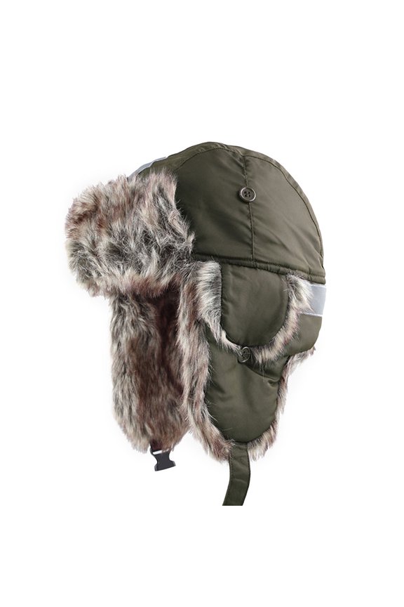 Reflective Trapper Hat with Faux Fur Lining, Winter Ear Flap Hat(L/XL, Olive)