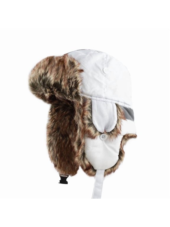 Reflective Trapper Hat with Faux Fur Lining, Winter Ear Flap Hat(S/M, White)