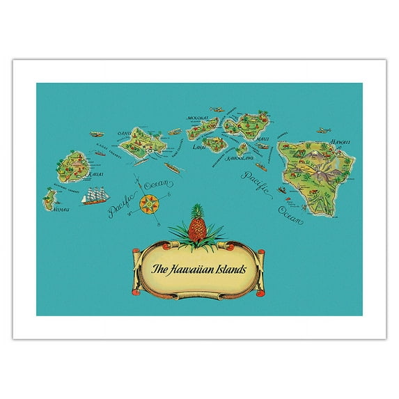 The Hawaiian Islands - from The Story of Pineapple - Vintage Pictorial Map by Stephen J. Voorhies c.1939 - Bamboo Fine Art 290gsm Paper Print (Unframed) 18x24in