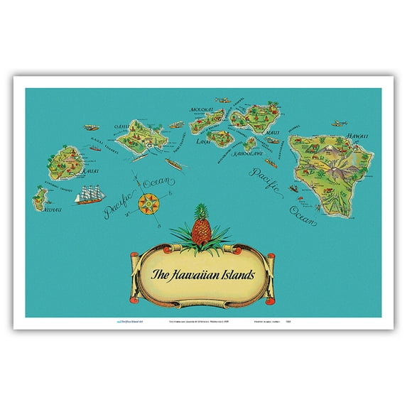 The Hawaiian Islands - from The Story of Pineapple - Vintage Pictorial Map by Stephen J. Voorhies c.1939 - Master Art Print (Unframed) 12in x 18in