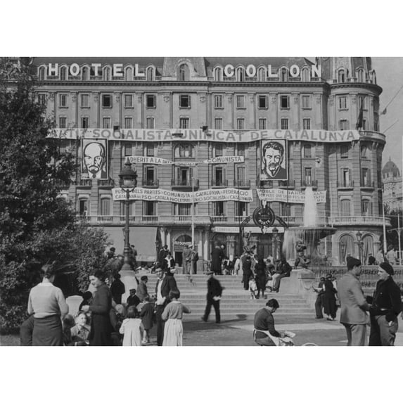 The Headquarters Of The Psuc Were In The Hotel Colon In Placa Cataluna. Building Is Draped