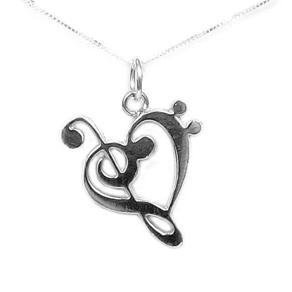 The Heart of Music Bass and Treble Clef Necklace Sterling Silver - Gift Boxed with Story Card - Made in USA (24 Inch Chain Length)