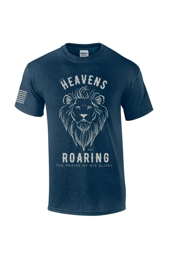 The Heavens Are Roaring The Praise Of His Glory Lion Of Judah Mens Christian Short Sleeve T-Shirt Graphic Tee-Heather Navy-4xl