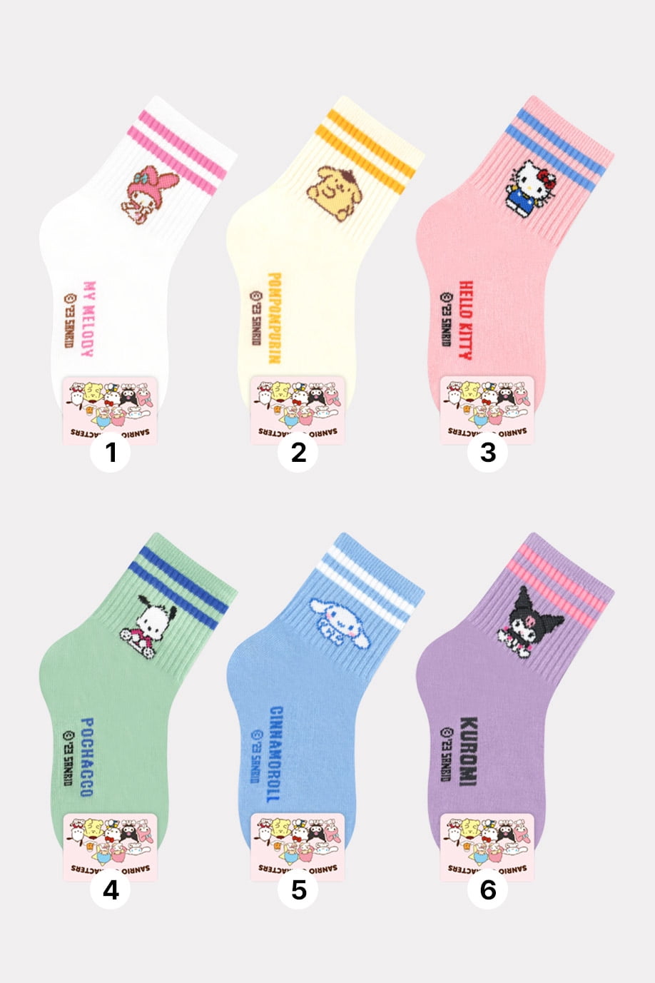 The Hello Kitty Sanrio Kid Cartoon Character Series Licensed  Socks Assorted Colors 6 Pack Set Collection- L (9T~10T)