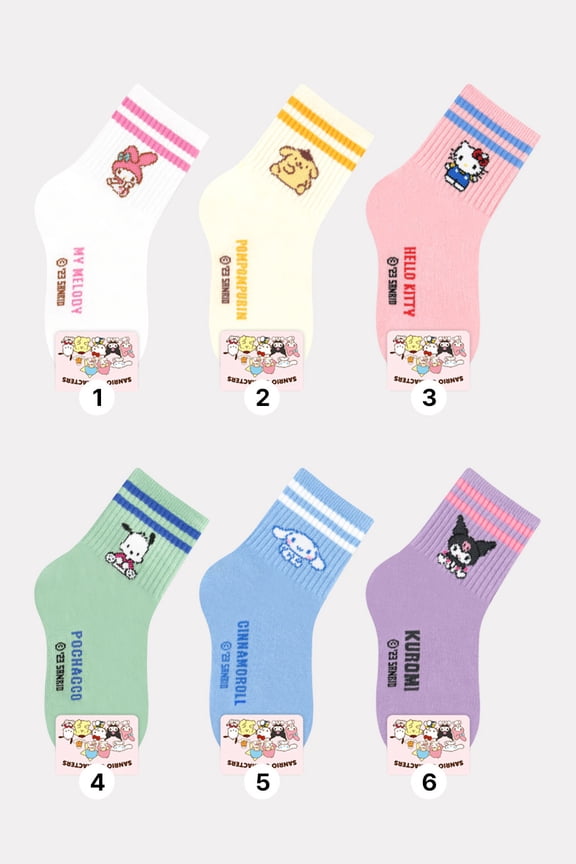 The Hello Kitty Sanrio Kid Cartoon Character Series Licensed Socks Assorted Colors 6 Pack Set Collection- L (9T~10T)