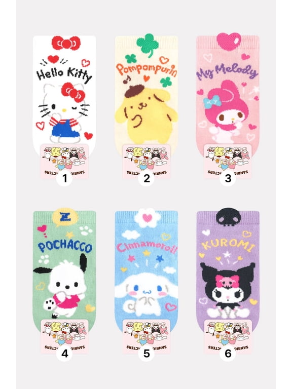 The Hello Kitty Sanrio Kid Cartoon Character Series Licensed Socks Assorted Colors 6 Pack Set Collection- M (5T~8T)