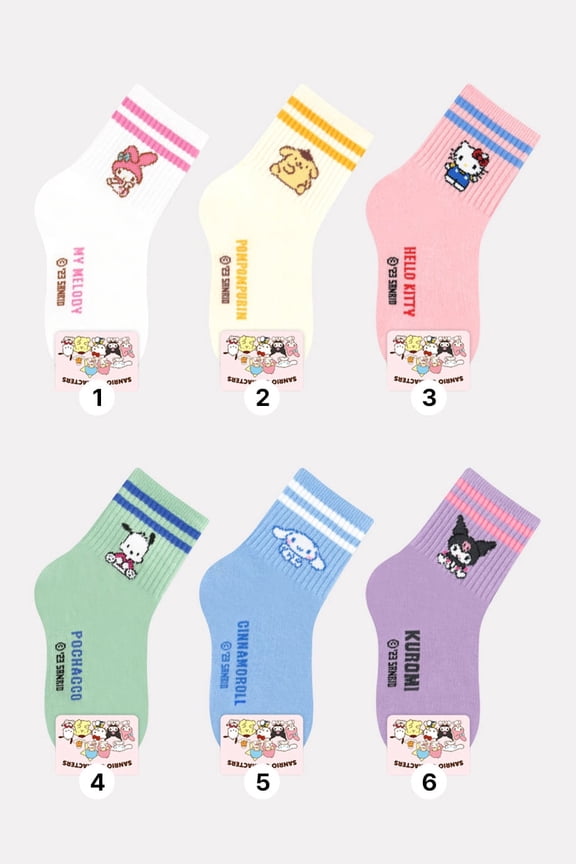 The Hello Kitty Sanrio Kid Cartoon Character Series Licensed Socks Assorted Colors 6 Pack Set Collection- S (3T~5T)