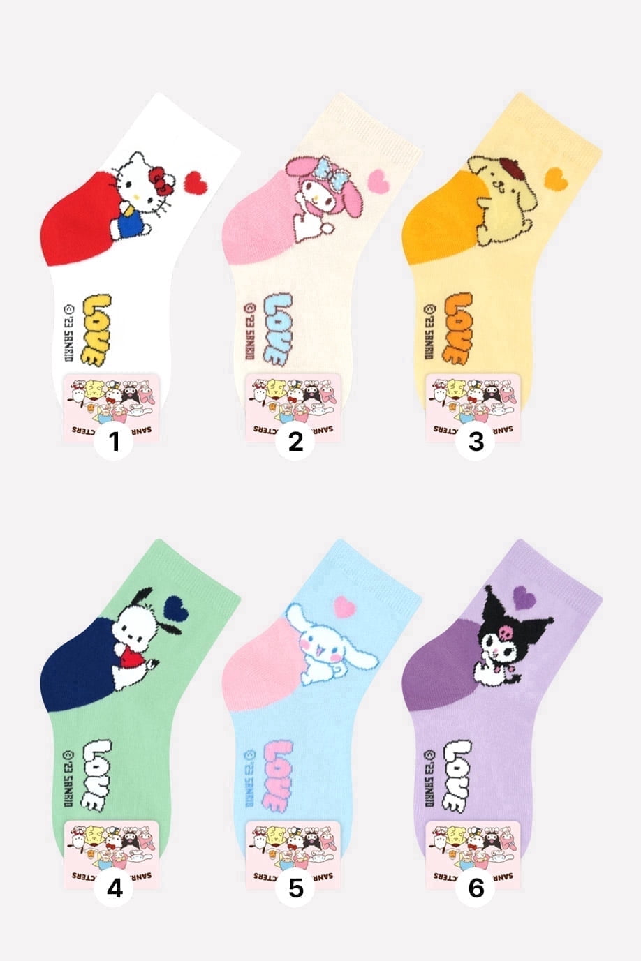 The Hello Kitty Sanrio  Kid Cartoon Character Series Licensed  Socks Assorted Colors 6 Pack Set Collection