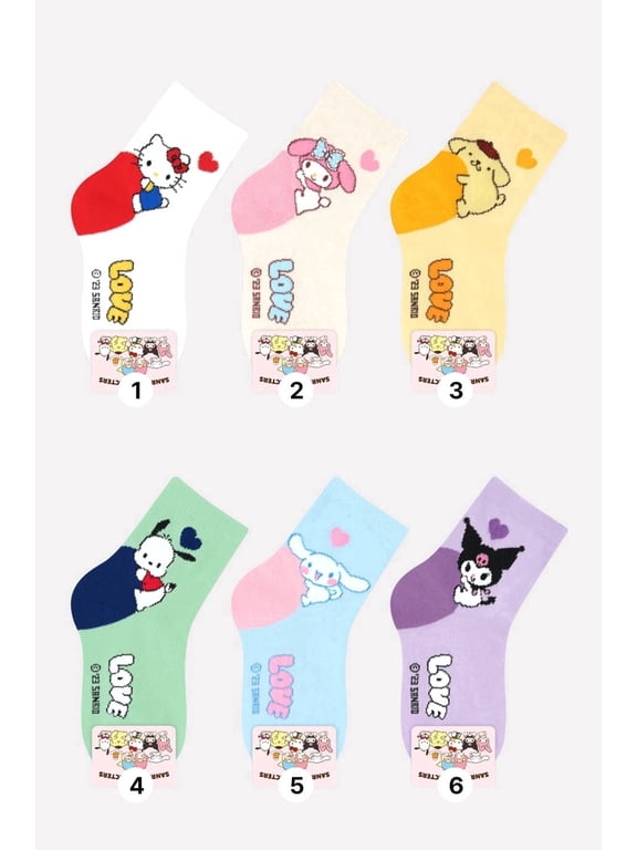 The Hello Kitty Sanrio Kid Cartoon Character Series Licensed Socks Assorted Colors 6 Pack Set Collection