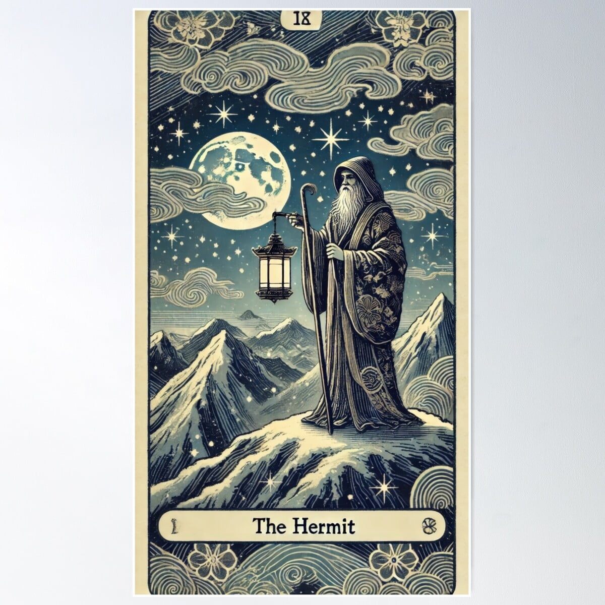 The Hermit Tarot Card (Nihonga Design) Poster Wall Art, Modern