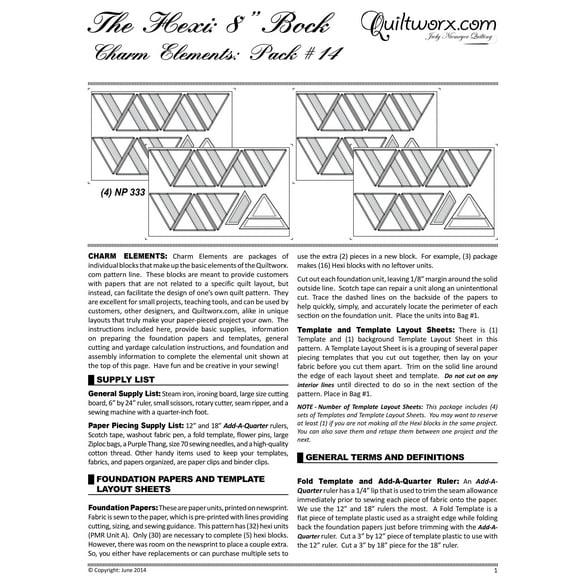 The Hexi 8-Inch Block: Charm Elements Pack # 14 Foundation Papers by Judy Niemeyer of Quiltworx