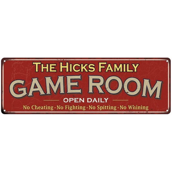 The Hicks Family Gift Red Game Room Metal 6x18 Sign 206180038186
