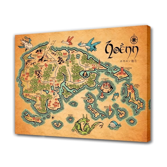 The Hoenn Region Map With The Middle Earth Style Canvas Poster Bedroom Decor Sports Landscape Office Room Decor Gift,Frame-style,20x30inch(50x75cm)
