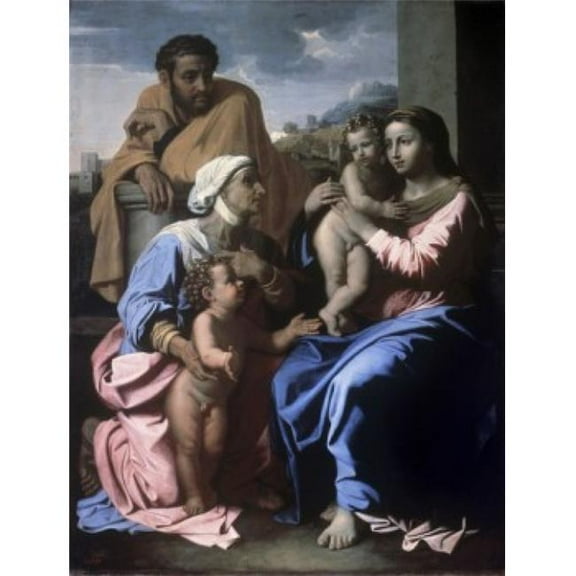 The Holy Family with John the Baptist & St Elizabeth 1644-1655 Nicolas Poussin 1594-1665 French Oil on Canvs - 18 x 24 in.