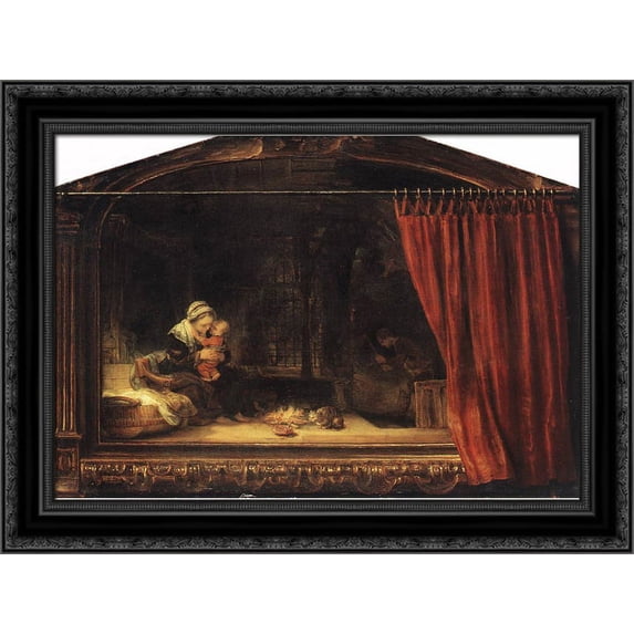 The Holy Family with a Curtain 24x19 Black Ornate Wood Framed Canvas Art by Rembrandt