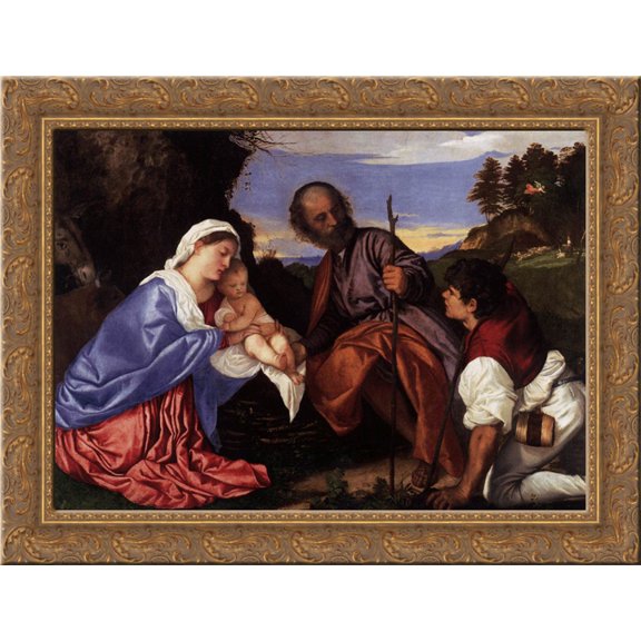 The Holy Family with a Shepherd 24x18 Gold Ornate Wood Framed Canvas Art by Titian