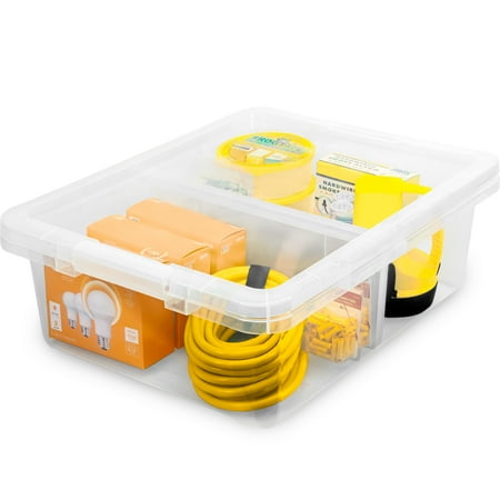The Home Edit, 37 Quart Clear Storage Bin, Latched Storage Container with Divider