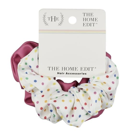 The Home Edit Faux Leather and Satin Scrunchie Hair Ties, Pink and Rainbow Polka Dot, 2 Ct