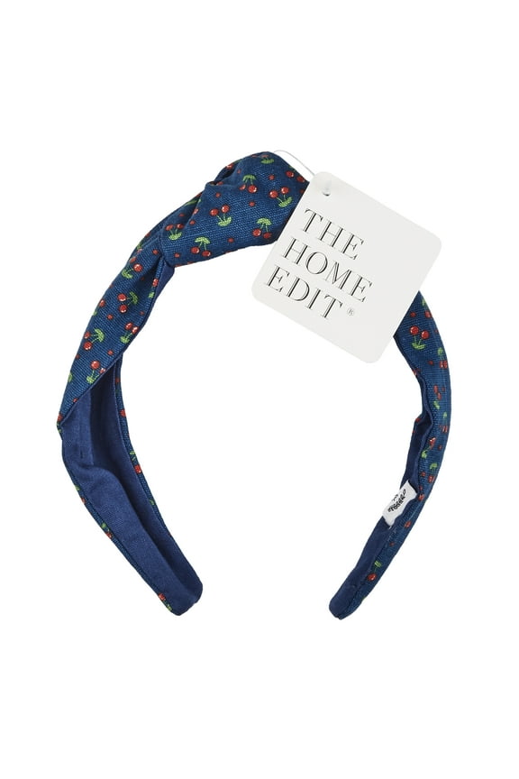 Knotted Cherry Print Canvas Headband, Navy Blue
