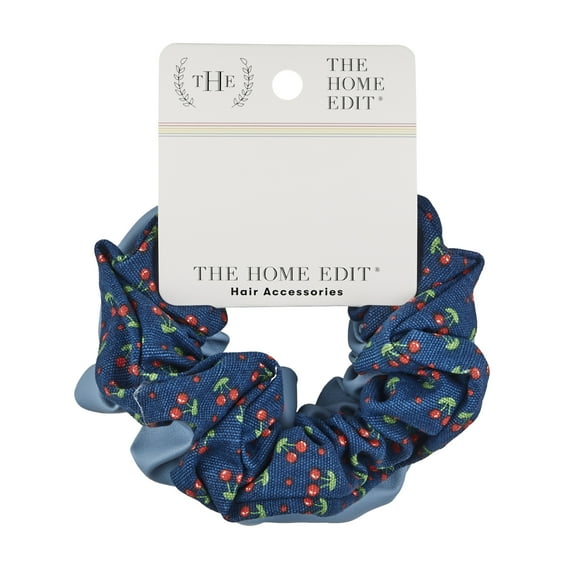 The Home Edit Scrunchie Hair Ties, Blue Faux Leather and Cherry Print, 2 Ct