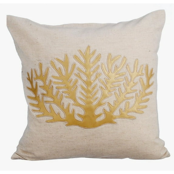The HomeCentric Beige Cushion Cover Sea Ocean Beach Theme Metallic Faux Leather Applique Pillowcase Pack of 2 20x20 inch (50x50 cm) Pillow Cover Floral Pillow Cover Cotton Linen Sea - Gold Sea Weeds