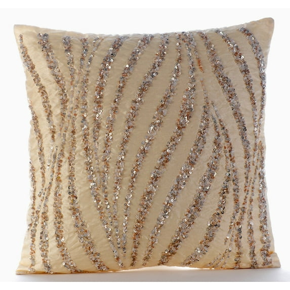 The HomeCentric Beige Pillow Shams Metallic Sequins & Beaded Glitter Pillow Shams Pack of 2 24x24 inch (60x60 cm) Pillow Sham Square Silk Pillow Shams Pillow Shams Abstract Easter - Wave Of Gold