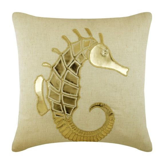 The HomeCentric Beige Pillows Cover Couch Pack of 2 18x18 inch (45x45 cm) Pillow Covers Cotton Linen Pillows Cover Sea Creatures Ocean & Beach Theme Metallic Faux Leather Applique - Gold Sea Horse