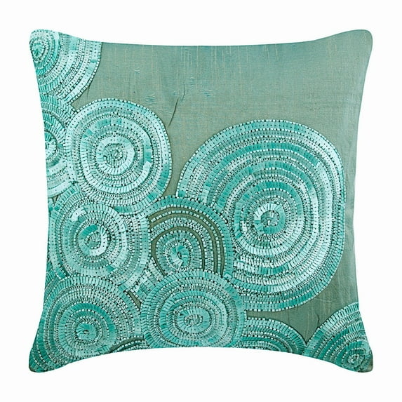 The HomeCentric Blue Cushion Cover Spiral Sequins Beaded Pillow Cover Throw Pillow Cover Pack of 2 14x14 inch (35x35 cm) Square Silk Pillow Cover Geometric Pillow Modern Circles Dots - Morning Dew