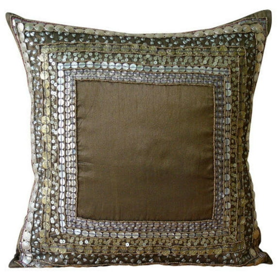 The HomeCentric Brown Pillows Cover 3D Sequins Bordered Throw Pillows Cover Pack of 2 18x18 inch (45x45 cm) Pillow Covers Square Silk Pillow Covers Bordered Traditional Style Easter - Ethnic Origins