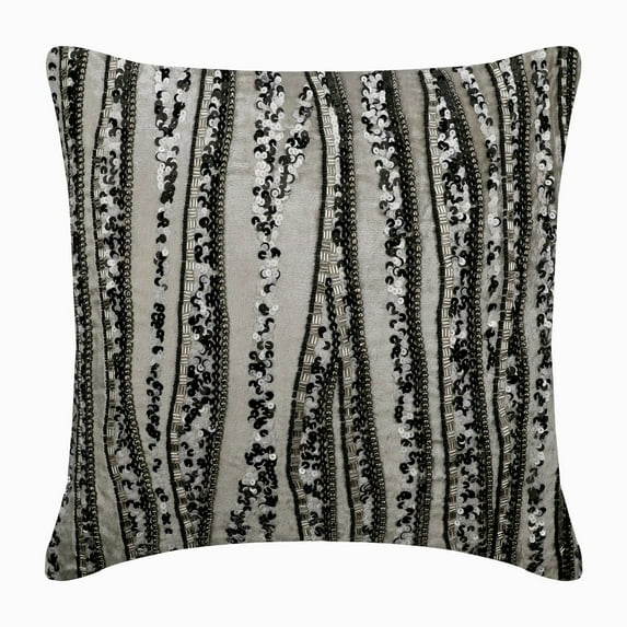 The HomeCentric Cushion Cover Decorative Grey & Silver Pack of 2 20x20 inch (50x50 cm) Cushion Covers Velvet Beaded & Sequins Throw Pillows For Couch Abstract Modern Style Easter - Underground Stripe
