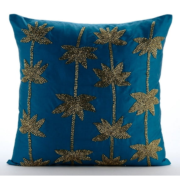 The HomeCentric Cushion Covers, Pack of 2, 22x22 inch (55x55 cm Teal Blue Cushion Cover, Zardozi Lotus Flower Antique Throw Pillow Cover, Taffeta Square Pillow Cover, Floral - Gold Lotus Dreams