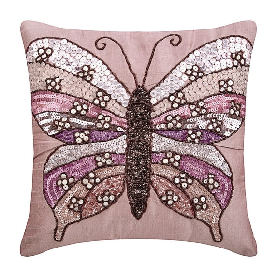 The HomeCentric Cushion Covers, Pink Pillow Cover, Sequins Beaded Butterfly Pillow Cover, Pack of 2, 20x20 inch (50x50 cm) Pillow Cover, Floral Pillow Cover, Square Silk Pillow, Birds - Butterfly Love