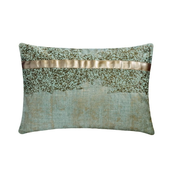 The HomeCentric Decorative Blue Pack of 2, 12"x22" (30x55 cm) Lumbar Pillow Cover, Jacquard Beaded & Foil & Faux Leather Oblong Pillow, Abstract Pattern Modern Style - Halycon Silver