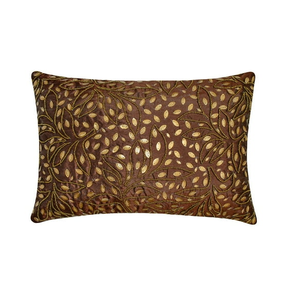 The HomeCentric Decorative Brown 12"x16" (30x40 cm) Lumbar Pillow Cover, Silk Beaded Embroidery Oblong Pillow, Floral Pattern Modern Style - Kirrily
