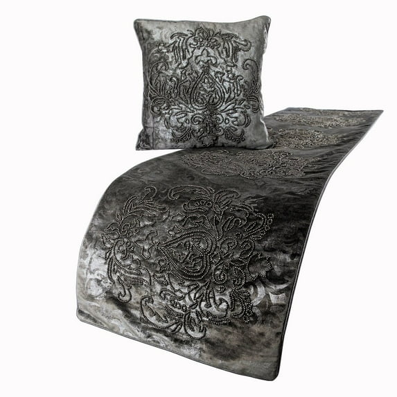 The HomeCentric Decorative Designer Handmade Bed Runner With 2 Decorative Throw Pillow Cover, 74 x 18 Inch Damask Designer Queen Size Bed Scarf in Foil Velvet and Embroidery Bed Linen - Foil Damask