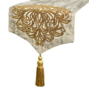 The HomeCentric Decorative Gold Table Runner 4 Seater Table Runner (14 x 48 inch) Damask, Zardozi & Tassels Table Runner, Linen fabric Table Linen, Damask Modern - Zarina Goldstitch